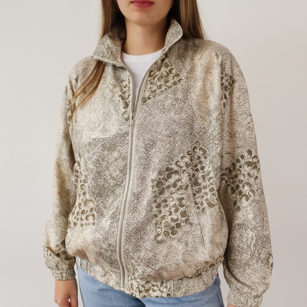 Vintage EVR Silk Womens Bomber Size Small Animal Print Full Zip Ling Sleeves
